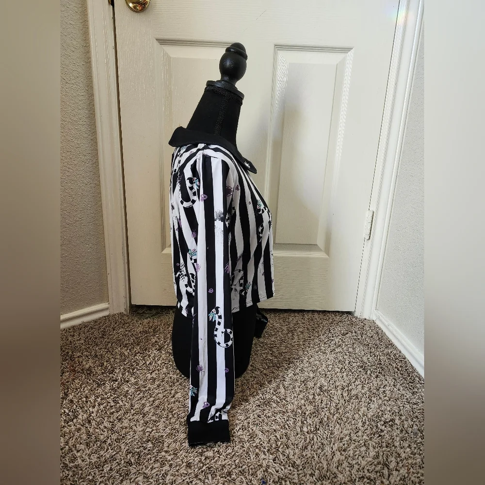 Spirit Halloween Beetlejuice Black White Striped Crop Top Peter Pan Collar L